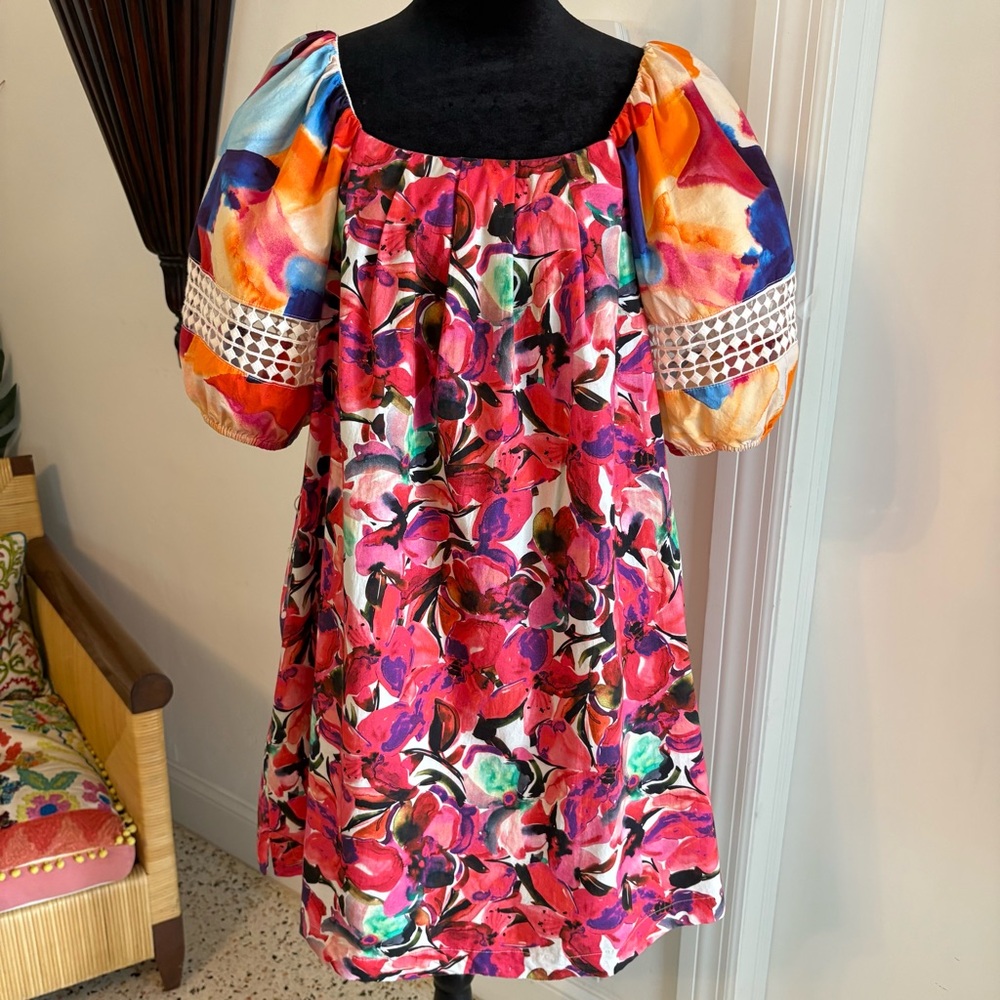 FRENCH CONNECTION Isadora Watercolor Colorful Cotton Print Puff Sleeve Dress. Md